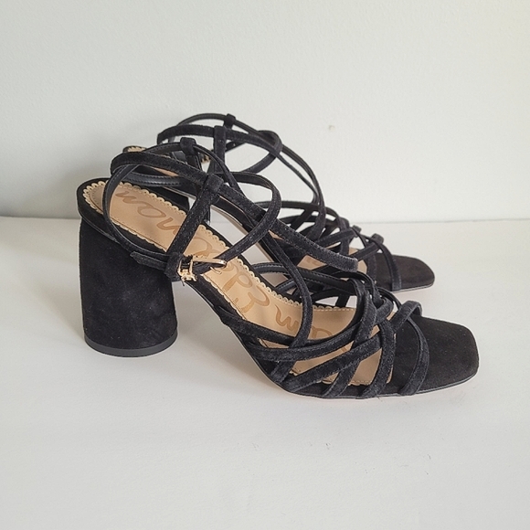 New SAM EDELMAN Daffodil Suede Leather Black Ankle Strap Heels - Picture 3 of 14
